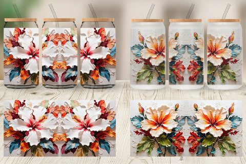 Glass Can 3D Hibiscus Flower Sublimation artnoy 