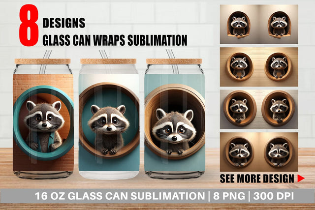 Glass Can 3D Illustration Raccoon Sublimation artnoy 