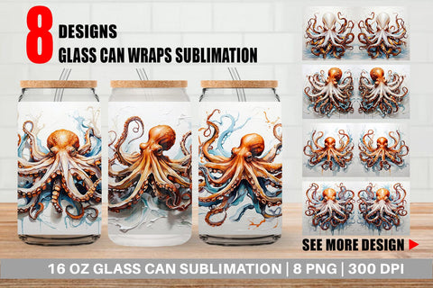 Glass Can 3D Octopus Painting Sublimation artnoy 
