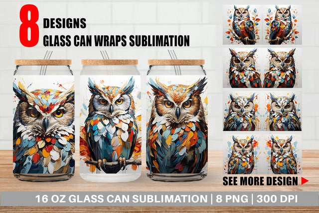 Glass Can 3D Owl Painting Sublimation artnoy 