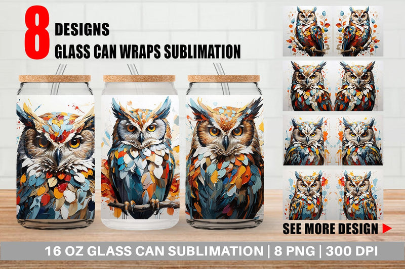 Glass Can 3D Owl Painting Sublimation artnoy 