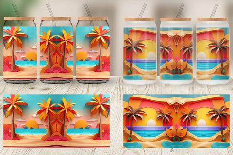 Glass Can 3D Paper cut Beach Summer Sublimation artnoy 