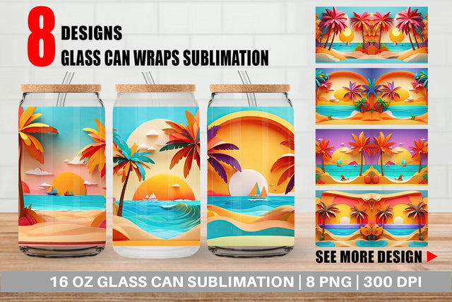 Glass Can 3D Paper cut Beach Summer Sublimation artnoy 