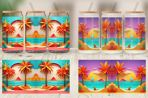 Glass Can 3D Paper cut Beach Summer Sublimation artnoy 