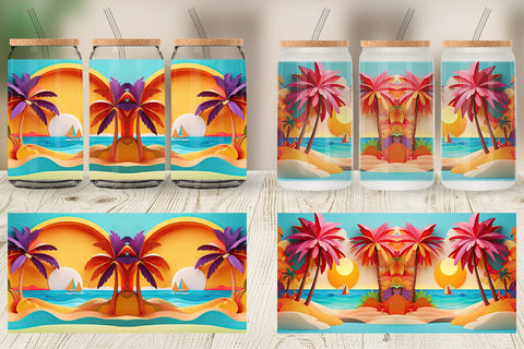 Glass Can 3D Paper cut Beach Summer Sublimation artnoy 
