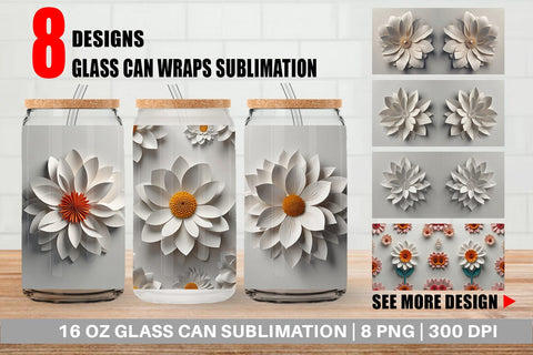 Glass Can 3D Paper Cut White Flower Sublimation artnoy 