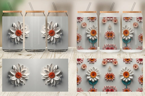 Glass Can 3D Paper Cut White Flower Sublimation artnoy 