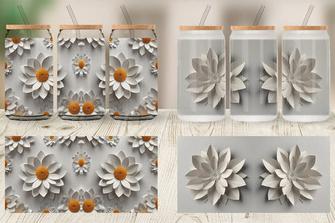 Glass Can 3D Paper Cut White Flower Sublimation artnoy 