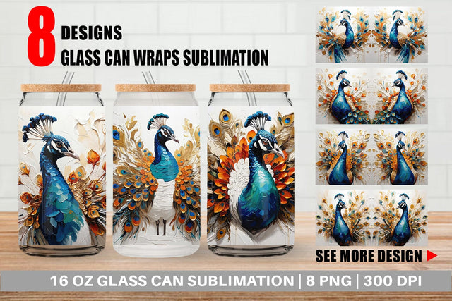 Glass Can 3D Peacock Painting Sublimation artnoy 