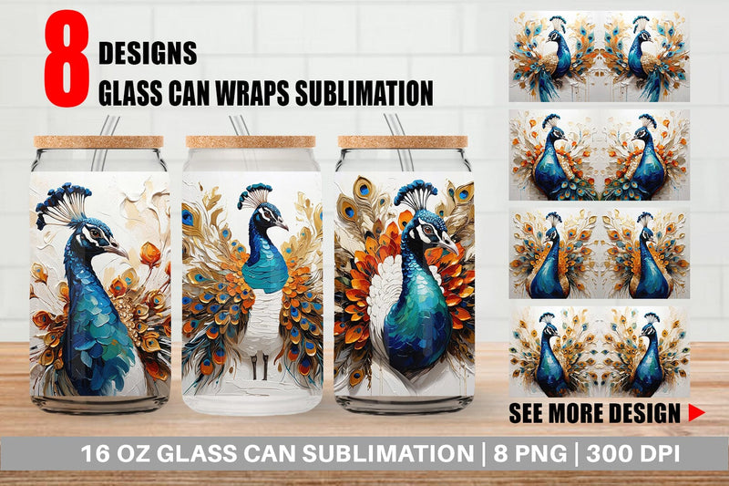 Glass Can 3D Peacock Painting Sublimation artnoy 