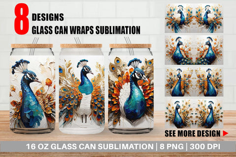 Glass Can 3D Peacock Painting Sublimation artnoy 