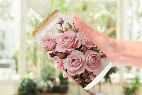 Glass Can 3D Pink Rose Sublimation artnoy 