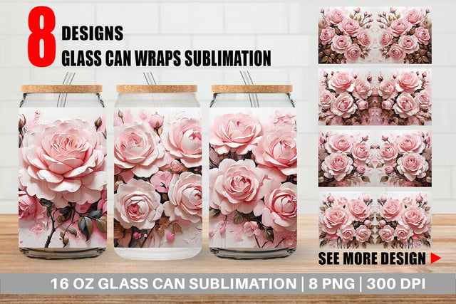 Glass Can 3D Pink Rose Sublimation artnoy 