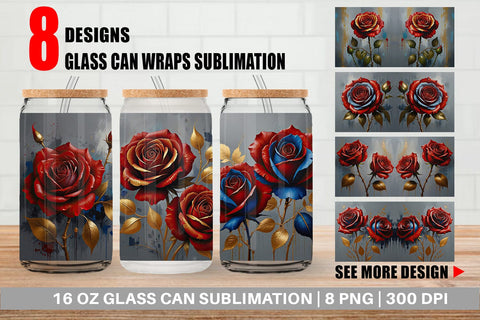 Glass Can 3D Red Rose Sublimation artnoy 