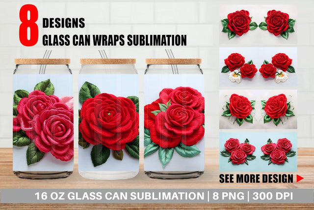 Glass Can 3D Rose Embroidery Sublimation artnoy 