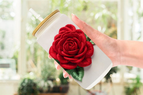 Glass Can 3D Rose Embroidery Sublimation artnoy 