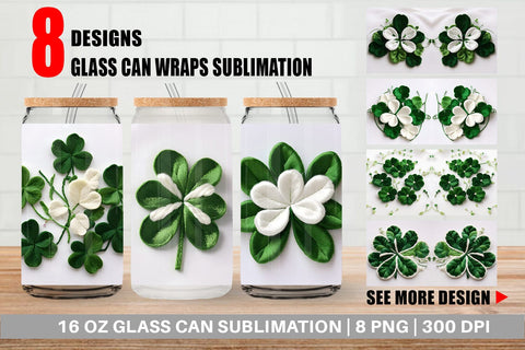 Glass Can 3D Shamrocks Embroidery Sublimation artnoy 