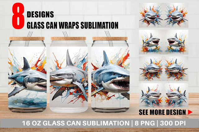 Glass Can 3D Shark Painting Sublimation artnoy 