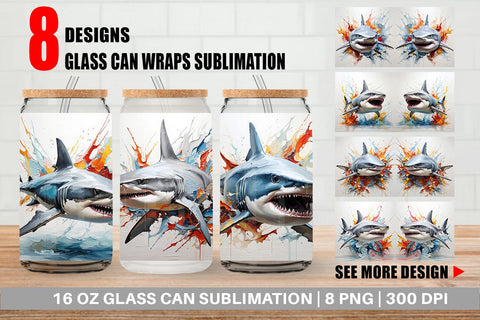 Glass Can 3D Shark Painting Sublimation artnoy 