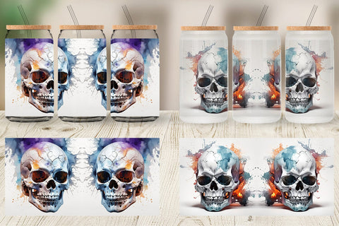 Glass Can 3D Watercolor Splash Skull Sublimation artnoy 