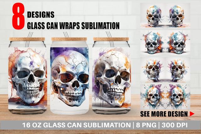 Glass Can 3D Watercolor Splash Skull Sublimation artnoy 