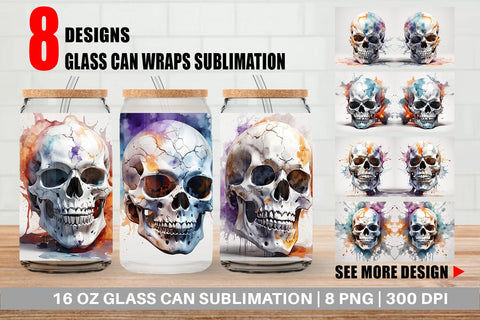 Glass Can 3D Watercolor Splash Skull Sublimation artnoy 