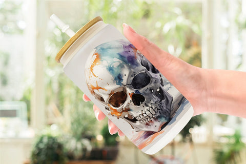 Glass Can 3D Watercolor Splash Skull Sublimation artnoy 