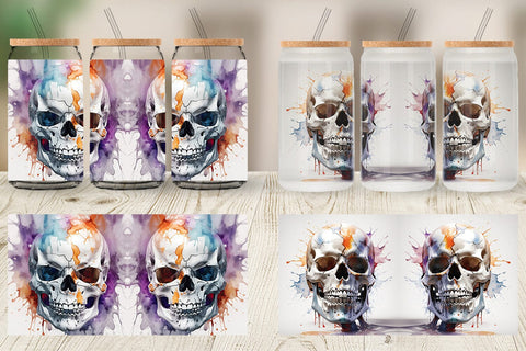 Glass Can 3D Watercolor Splash Skull Sublimation artnoy 