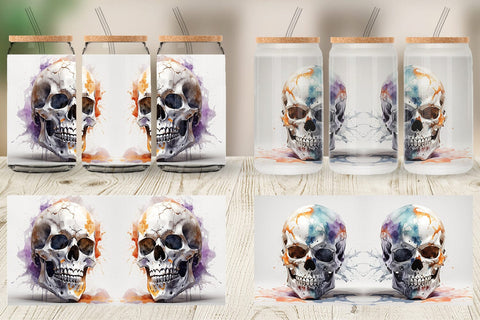 Glass Can 3D Watercolor Splash Skull Sublimation artnoy 