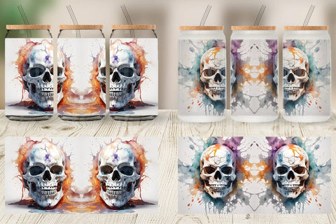 Glass Can 3D Watercolor Splash Skull Sublimation artnoy 