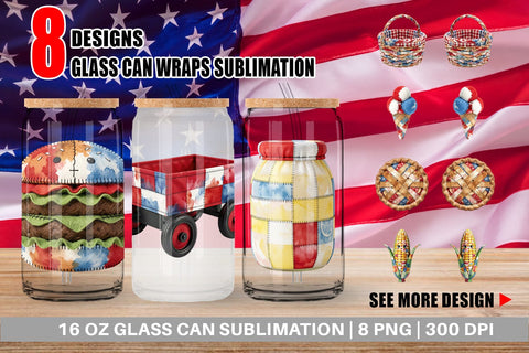 Glass Can 4th July Picnic Patchwork Watercolor Sublimation artnoy 