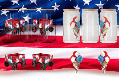 Glass Can 4th July Picnic Patchwork Watercolor Sublimation artnoy 