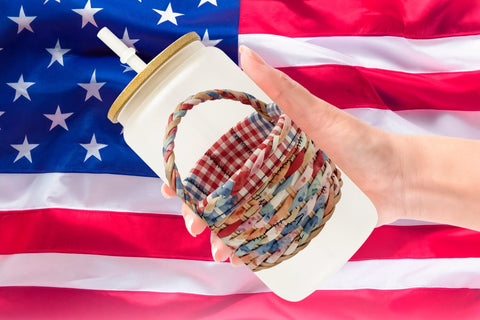 Glass Can 4th July Picnic Patchwork Watercolor Sublimation artnoy 