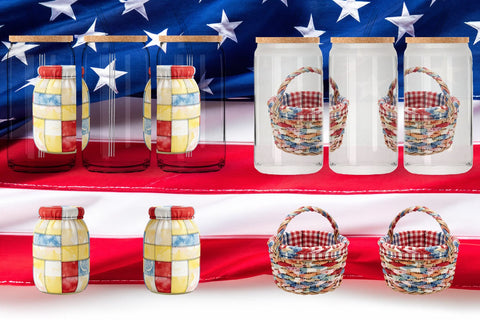Glass Can 4th July Picnic Patchwork Watercolor Sublimation artnoy 