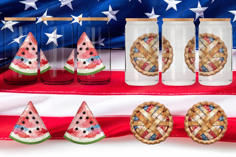Glass Can 4th July Picnic Patchwork Watercolor Sublimation artnoy 