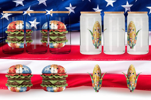 Glass Can 4th July Picnic Patchwork Watercolor Sublimation artnoy 