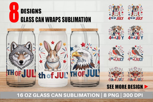 Glass Can 4th of July Embroidery Animal Sublimation artnoy 