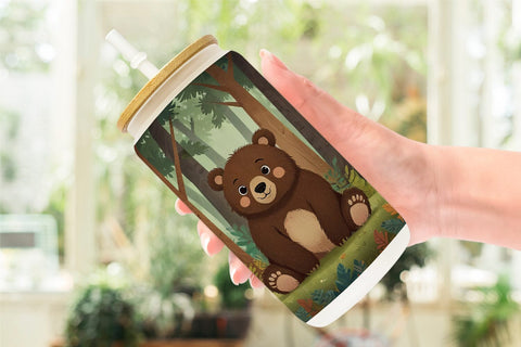 Glass Can Adorable Bear in Forest Sublimation artnoy 