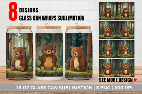 Glass Can Adorable Bear in Forest Sublimation artnoy 