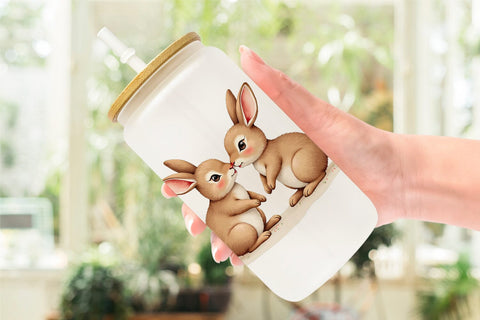 Glass Can Adorable Fluffy Easter Bunnies Watercolor Sublimation artnoy 