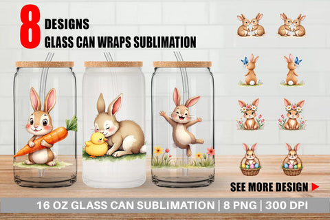 Glass Can Adorable Fluffy Easter Bunnies Watercolor Sublimation artnoy 