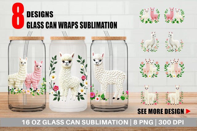 Glass Can Alpaca Embroidery Sublimation artnoy 