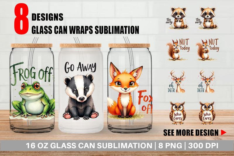 Glass Can Angry Forest Animal Watercolor Art Sublimation artnoy 