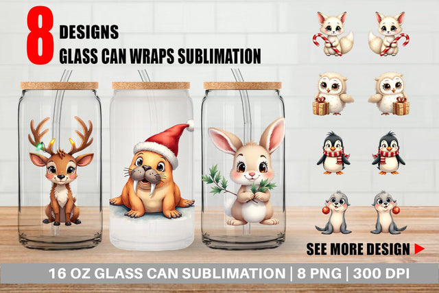 Glass Can Arctic Antics Holiday Vintage Polar Animals Sublimation artnoy 