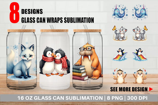 Glass Can Arctic Cuties Whimsical Watercolor Sublimation artnoy 