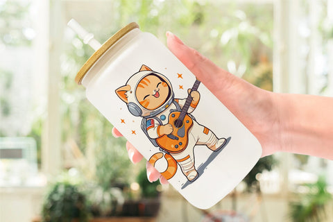Glass Can Astronaut Cat with Guitar Sublimation artnoy 