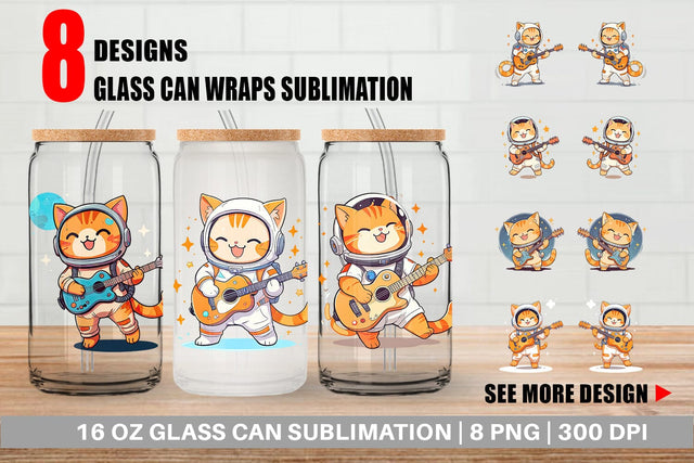 Glass Can Astronaut Cat with Guitar Sublimation artnoy 