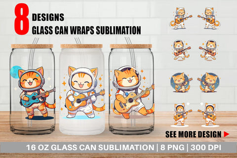 Glass Can Astronaut Cat with Guitar Sublimation artnoy 