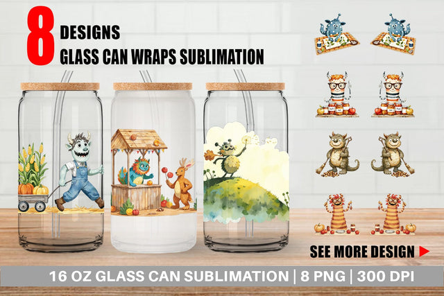 Glass Can Autumn Critter Monsters Sublimation artnoy 