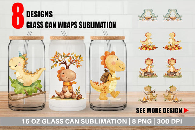 Glass Can Autumn Dino Friends Sublimation artnoy 